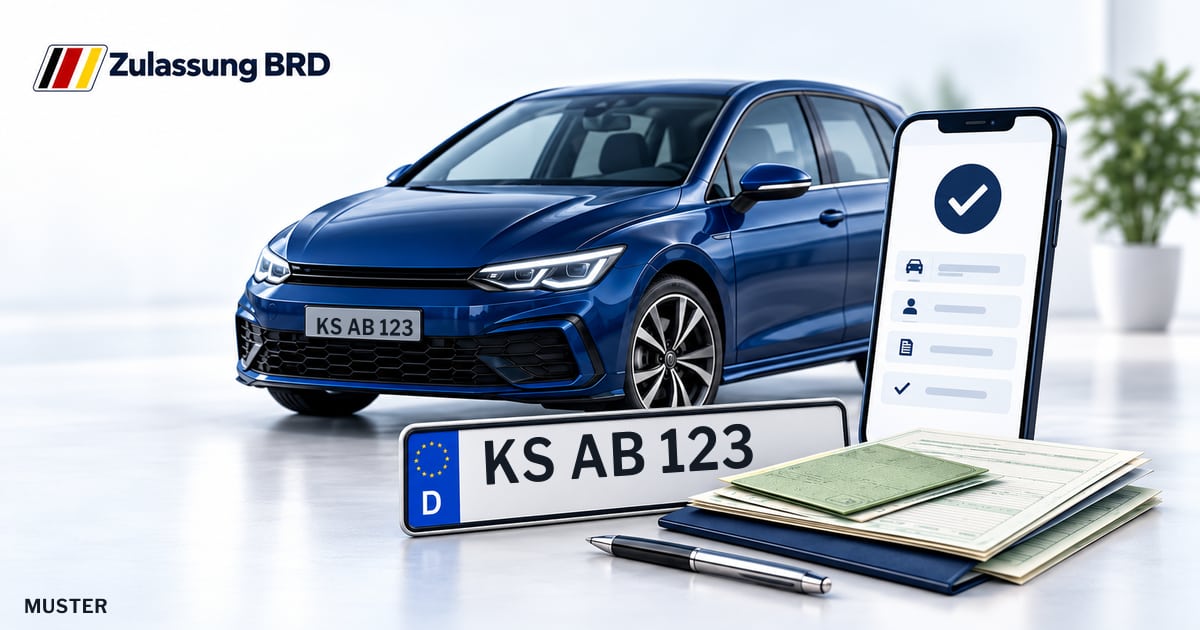 Online Fahrzeugzulassung in Niestetal: Musterkennzeichen KS AB 123, Auto und Fahrzeugpapiere und Smartphone. Illustration mit Logo von Zulassung BRD.